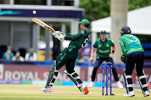 Abbas Afridi plays a shot against Ireland